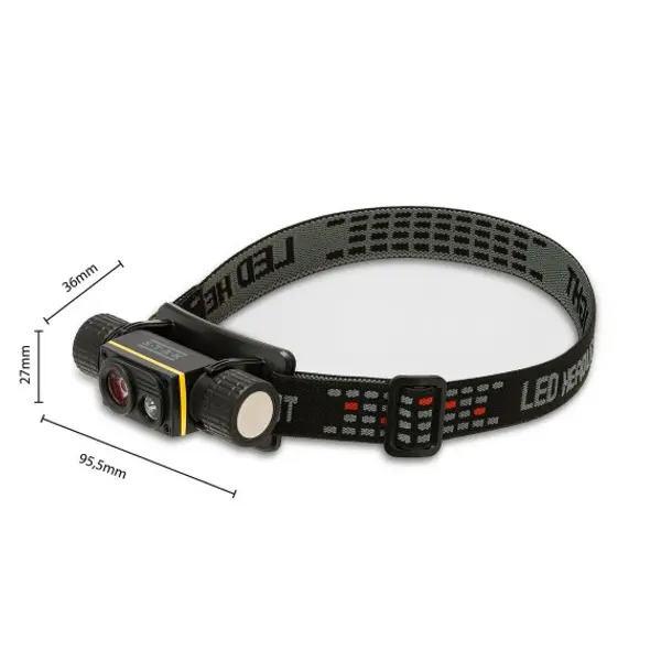STELIOS: Lampada da testa ricaricabile 15W / 1500 lumen con luce UV 365nm e calamita. Nero
