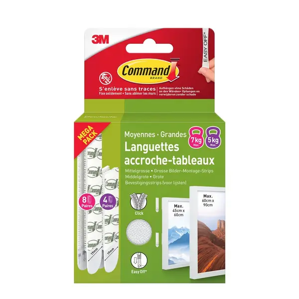 Languette de fixation adhésive tableau 8 M + 16 L blanc, lot de 12 paires, Comma - COMMAND