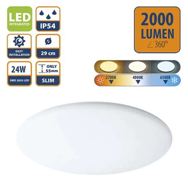 VIRGO: Plafoniera LED 24W, 2000 lumen con cambio colore, diametro 29cm. IP54. Bianco