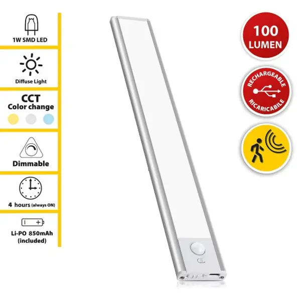 LACTEA: reglette LED sotto pensile ricaricabile 20cm, 100 lumen, con CCT. Argento