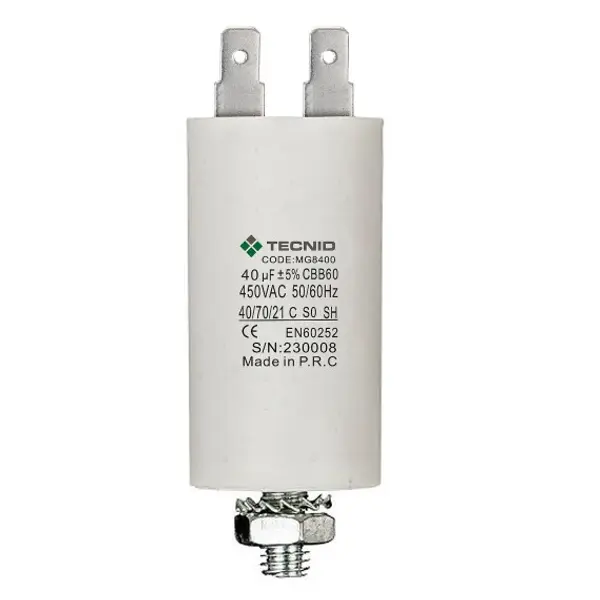 Condensatore di spunto per motori elettrici, 450V, capacità: 40µF, 4 pin / M8