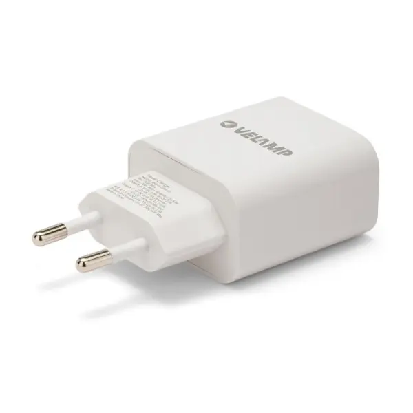 Caricatore AC/DC 220V da 20W con uscita USB-A e USB-C. Bianco