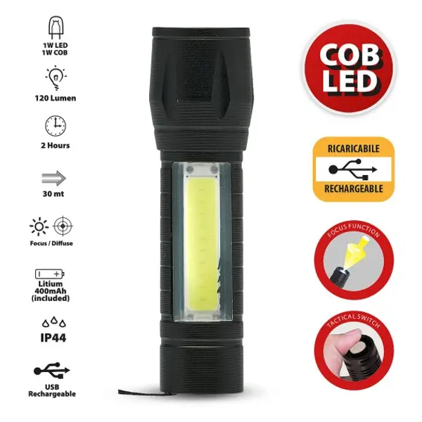 THOR MAX: torcia ricaricabile LED 1W con funzione zoom e lanterna laterale.