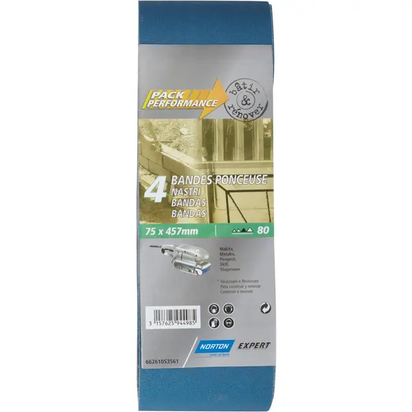 Lot de 4 bandes abrasives NORTON, 75 x 457 mm, grains 80 - NORTON