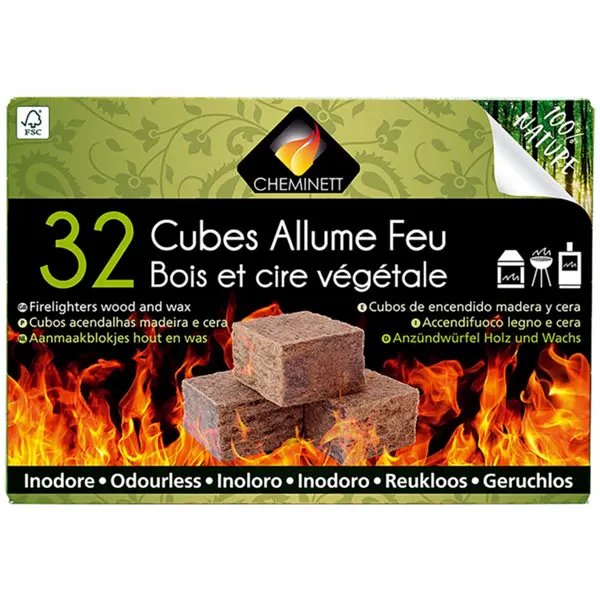 Boîte de 32 allume feu en cube bois