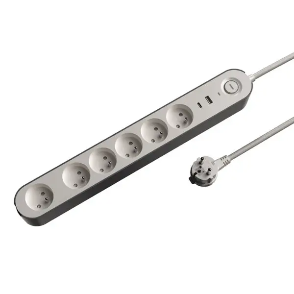 Bloc 6 prises 1,5 m gris et blanc USB A + C