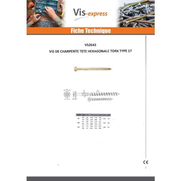 1 x Vis charpente TEKOR Tête hexagonale TH Pointe antifendage type 17 10X400 Filetée sur 80 TORX T40 zingué cr3 96 hbs