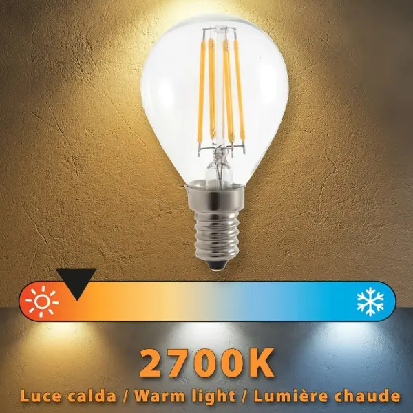 Lampadina LED a filamento, Sfera P45, 4W/470lm, base E14, 2700K
