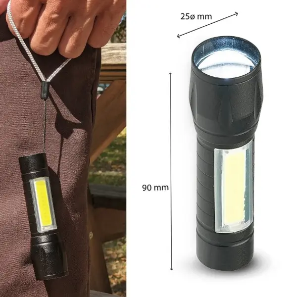 THOR MAX: torcia ricaricabile LED 1W con funzione zoom e lanterna laterale.