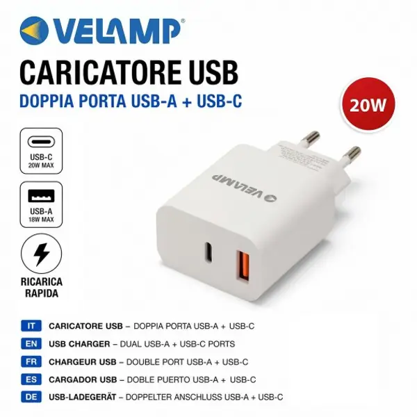 Caricatore AC/DC 220V da 20W con uscita USB-A e USB-C. Bianco