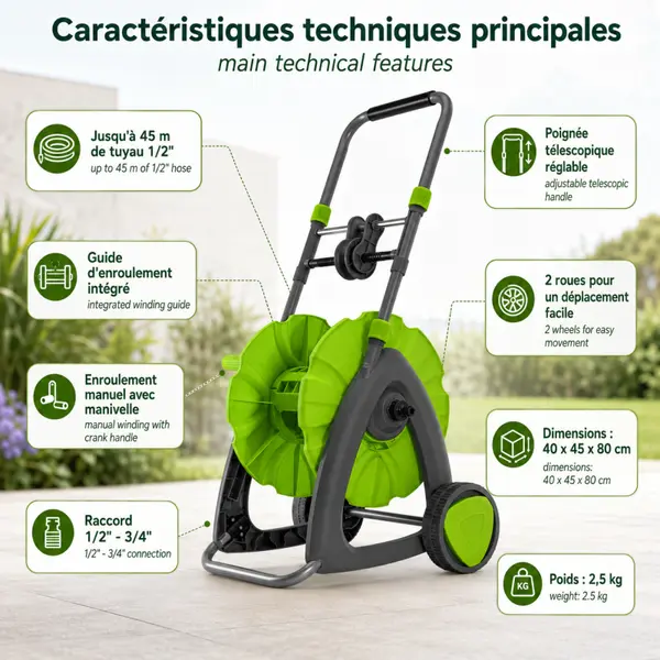 Chariot Dévidoir pour tuyau d'arrosage jusqu'à 45m - 1/2"- Guide enrouleur tuyau - Poignée + Manivelle - 2 roues - VITO