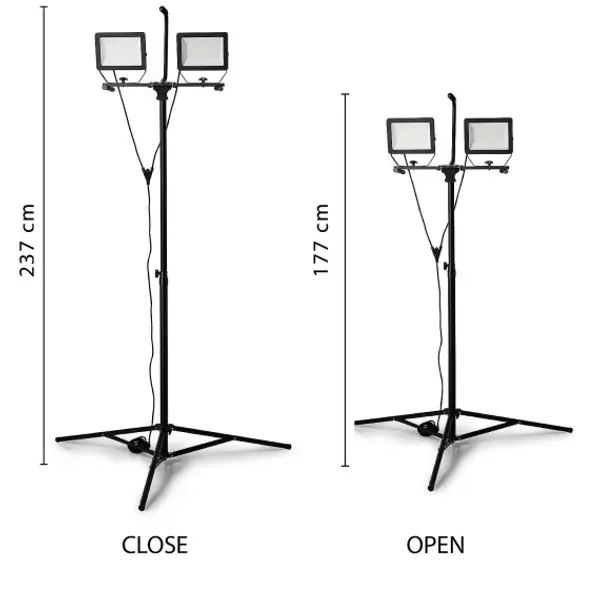 MINOS : 2 Faretti LED su Treppiede, 2 x 100W, 17.000 Lumen Cavo 3m, IP65: Nero