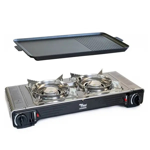 Plaque Plancha Grill 53x28 cm - Aluminium Lisse et Rainurée Antiadhésif - ALPEN CAMPING