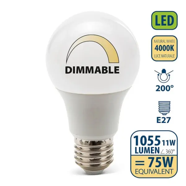 Lampadina SMD LED dimmerabile, Goccia A60, 11W/1055lm, base E27, 4000K