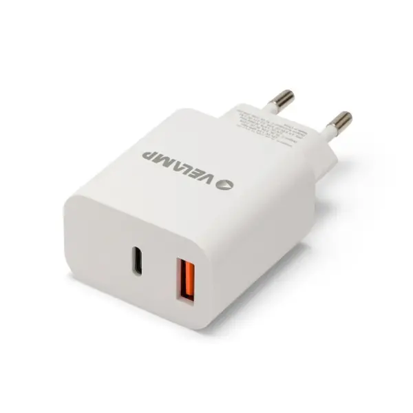 Caricatore AC/DC 220V da 20W con uscita USB-A e USB-C. Bianco