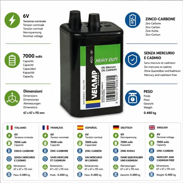 Pila zinco carbone quadrata, 4R25, 6V
