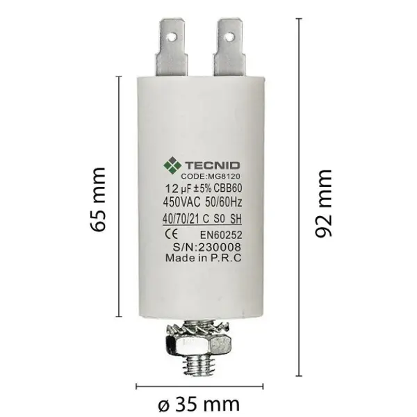 Condensatore di spunto per motori elettrici, 450V, capacità: 12µF, 4 pin / M8