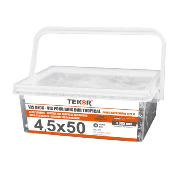 1 x Seau de 385 Vis DECK TEKOR 4.5X50 Pointe antifendage type 17 Inox C1 AISI 410 Tête fraisée
