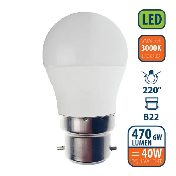 Lampadina SMD LED, Sfera P45, 6W/470lm, base B22 (Francia), 3000K