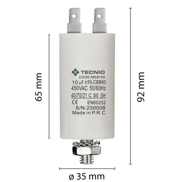 Condensatore di spunto per motori elettrici, 450V, capacità: 10µF, 4 pin / M8