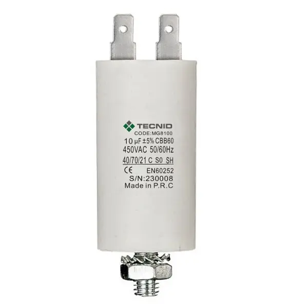 Condensatore di spunto per motori elettrici, 450V, capacità: 10µF, 4 pin / M8