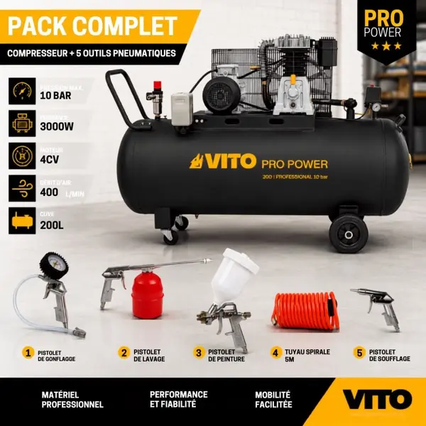 Compresseur d'air 200L 10Bar 3kW 400L/min + 5 Outils pneumatiques Kit Complet Gonflage Soufflage Peinture Garage Atelier VITO