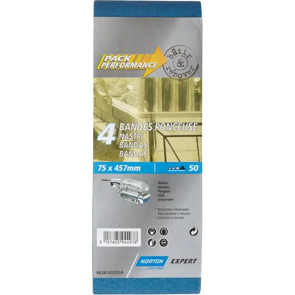 Lot de 4 bandes abrasives NORTON, 75 x 457 mm, grains 50 - NORTON