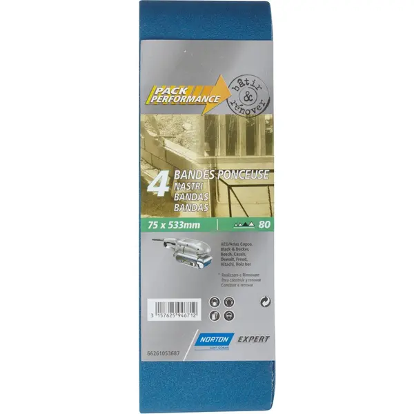Lot de 4 bandes abrasives NORTON, 75 x 533 mm, grains 80 - NORTON