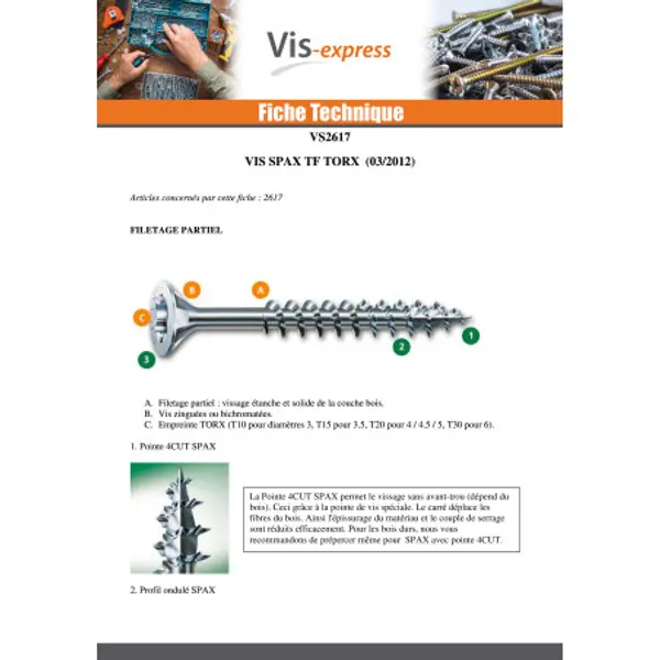 1 x Vis Spax Tête fraisée TORX T40 8X450 Filetée sur 80 Filetage partiel WIROX