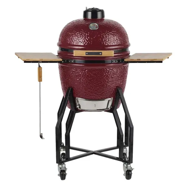 Barbecue à charbon Kamado Rouge Ø56cm Grille Ø47cm Céramique 4 Roulettes Pivotantes INTEC