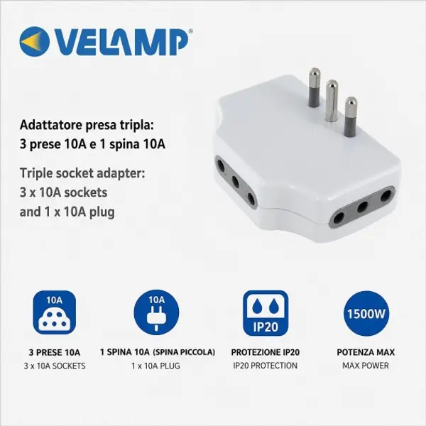 Adattatore presa tripla: 3 prese 10A e 1 spina 10A