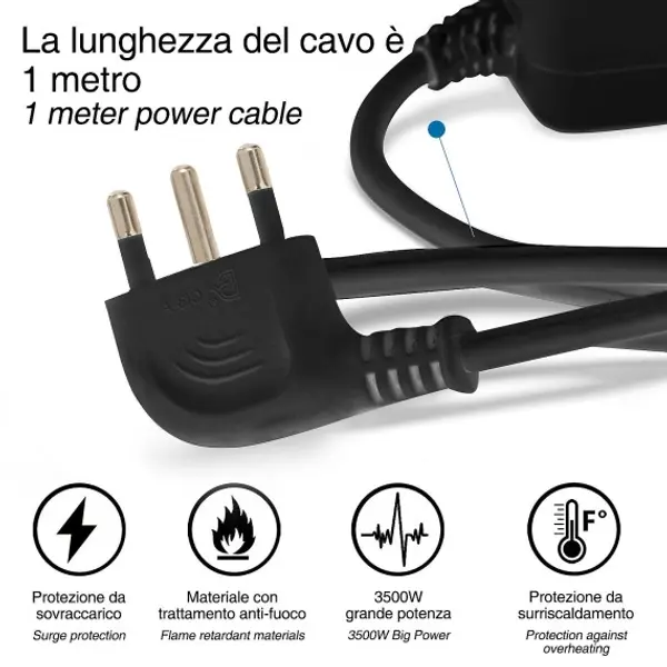 Multipresa 5 posti polivalenti schuko + 10/16a con interruttore cavo 1m e spina 16a