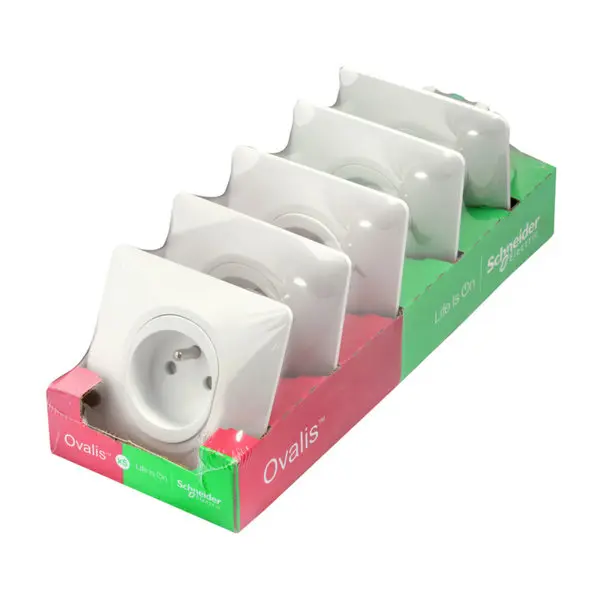 Lot de 5 prises 2P+T blanc avec plaques "Ovalis" blanc