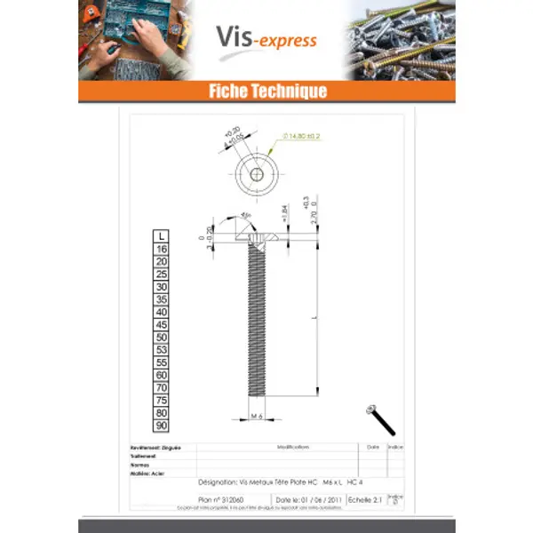 1 x Vis métaux tête plate Clé de 4 HC4 M6X25 Acier zingué noir
