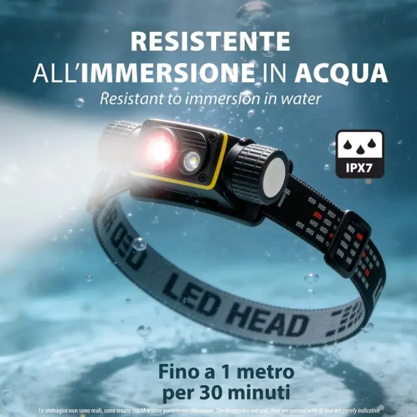 STELIOS: Lampada da testa ricaricabile 15W / 1500 lumen con luce UV 365nm e calamita. Nero