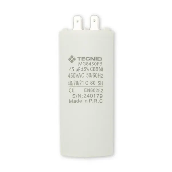 Condensatore di spunto per motori elettrici, 450V, capacità: 45µF, 4 pin / fondo piatto