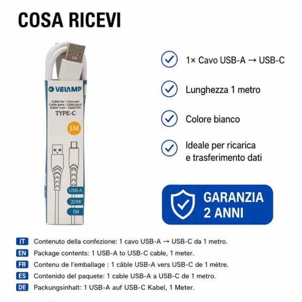 Cavo Sync & Charge, USB-A verso USB-C 1 metro. Bianco