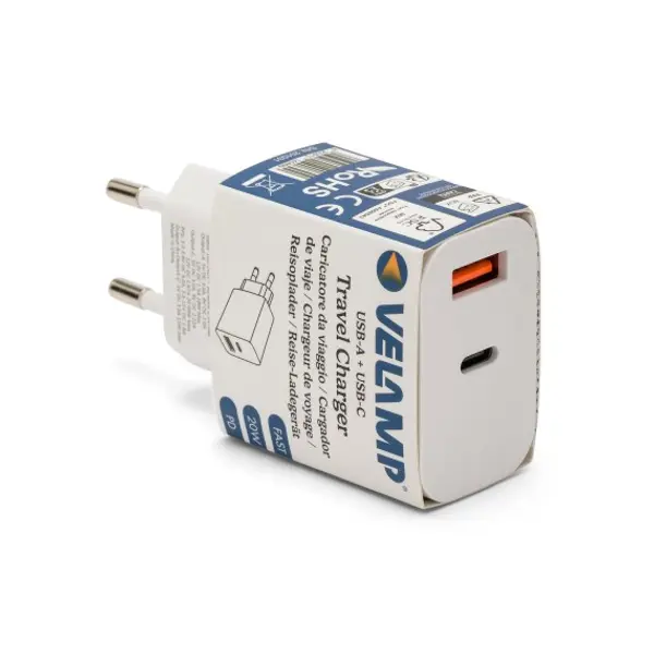 Caricatore AC/DC 220V da 20W con uscita USB-A e USB-C. Bianco