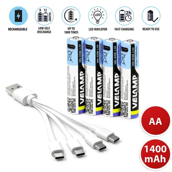 4 batterie AA Li-Ion ricaricabili tramite USB-C. 1400mAh. Cavetto incluso.
