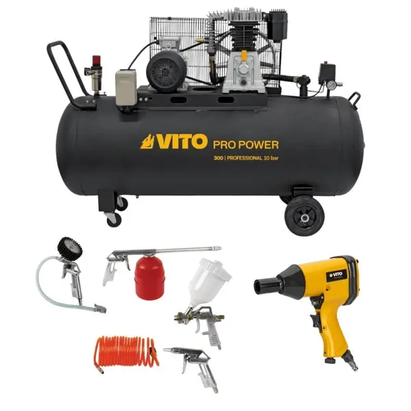 Compresseur d'air 300L 10Bar 500L/min + Clé à choc pneumatique 310Nm + Outils de Gonflage Soufflage Peinture Garage Atelier VITO