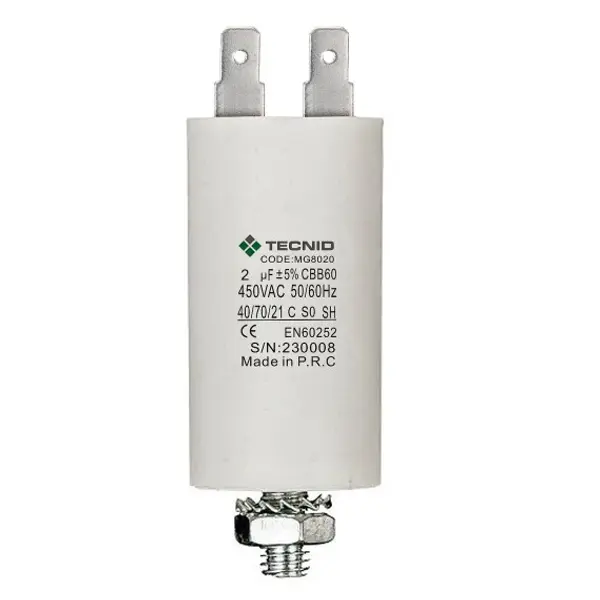 Condensatore di spunto per motori elettrici, 450V, capacità: 2µF, 4 pin / M8