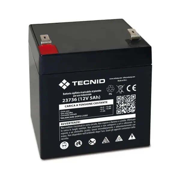 Batteria Ricaricabile Piombo, Attacchi Faston, 12V, 5Ah. Per UPS, sistemi d'allarme, hobby.....