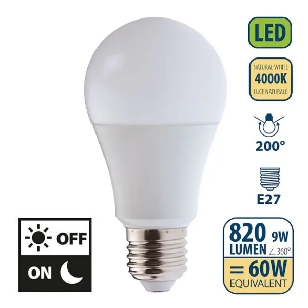 Lampadina SMD LED con sensore crepuscolare, Goccia A60, 9W/820lm, base E27, 4000K