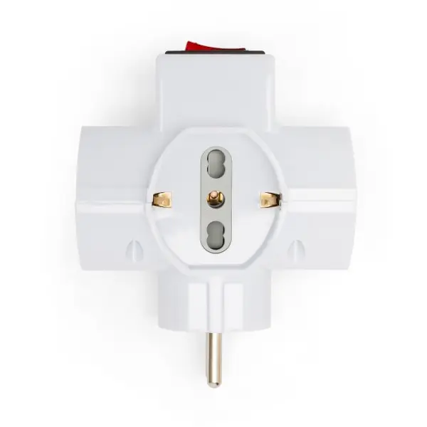 Adattatore 3 prese 10/16A bipasso con Schuko e 1 spina 16A. Con protezione da sovraccarico. 3500W max