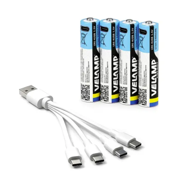 4 batterie AA Li-Ion ricaricabili tramite USB-C. 1400mAh. Cavetto incluso.