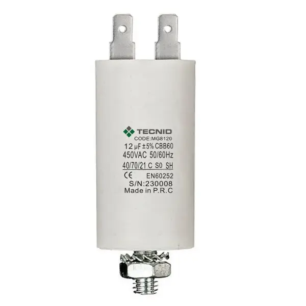 Condensatore di spunto per motori elettrici, 450V, capacità: 12µF, 4 pin / M8