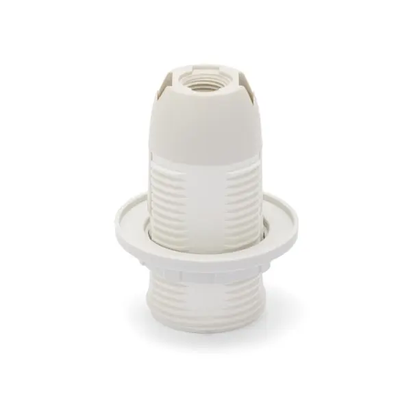 Portalampada in termoplastica E14. Interamente filettato, con ghiera . Bianco