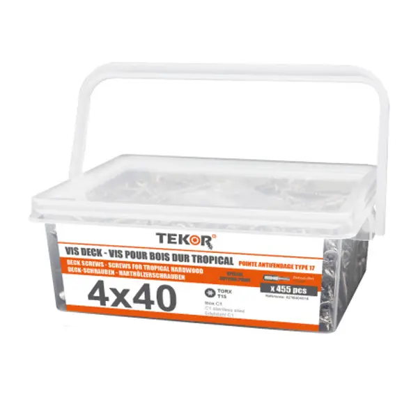 1 x Seau de 455 Vis DECK TEKOR 4X40 Pointe antifendage type 17 Inox C1 AISI 410 Tête fraisée TORX T15
