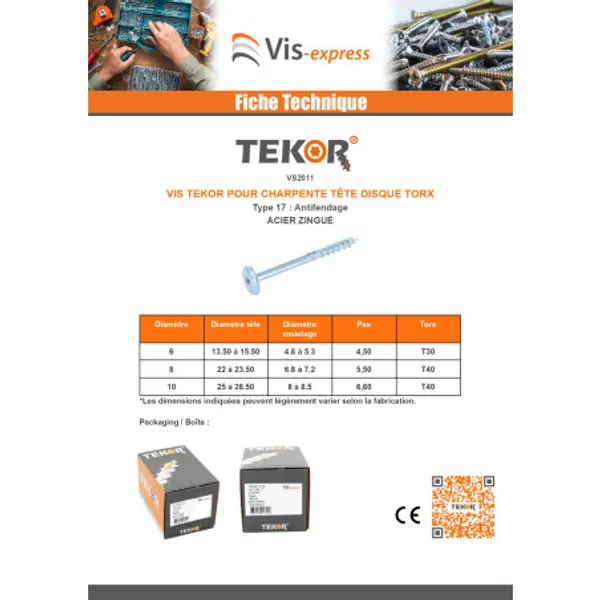1 x Vis bois TEKOR Tête disque TORX T30 Pointe antifendage type 17 6X300 Filetage partiel Acier zingué