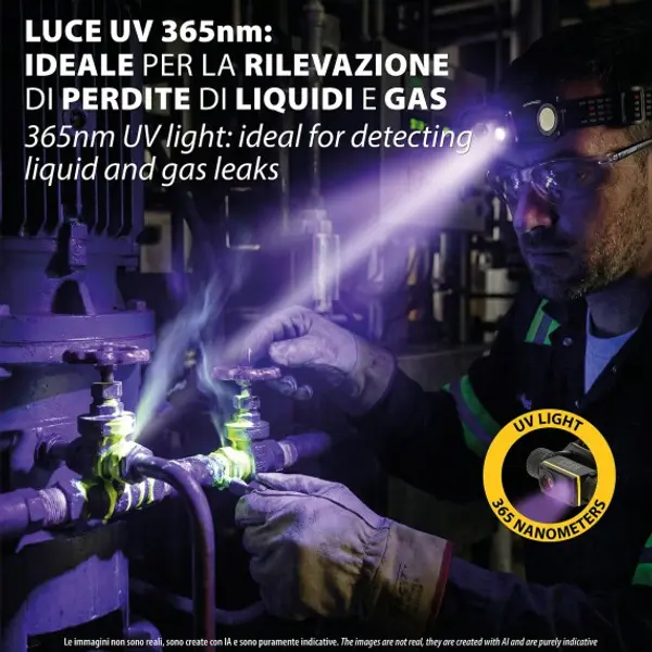 STELIOS: Lampada da testa ricaricabile 15W / 1500 lumen con luce UV 365nm e calamita. Nero